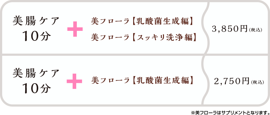 美腸ケア 10分 ＋美フローラ【乳酸菌生成編】美フローラ【スッキリ洗浄編】 3,780円（税込）／美腸ケア 10分 ＋美フローラ【乳酸菌生成編】 2,780円（税込）　※美フローラはサプリメントとなります。